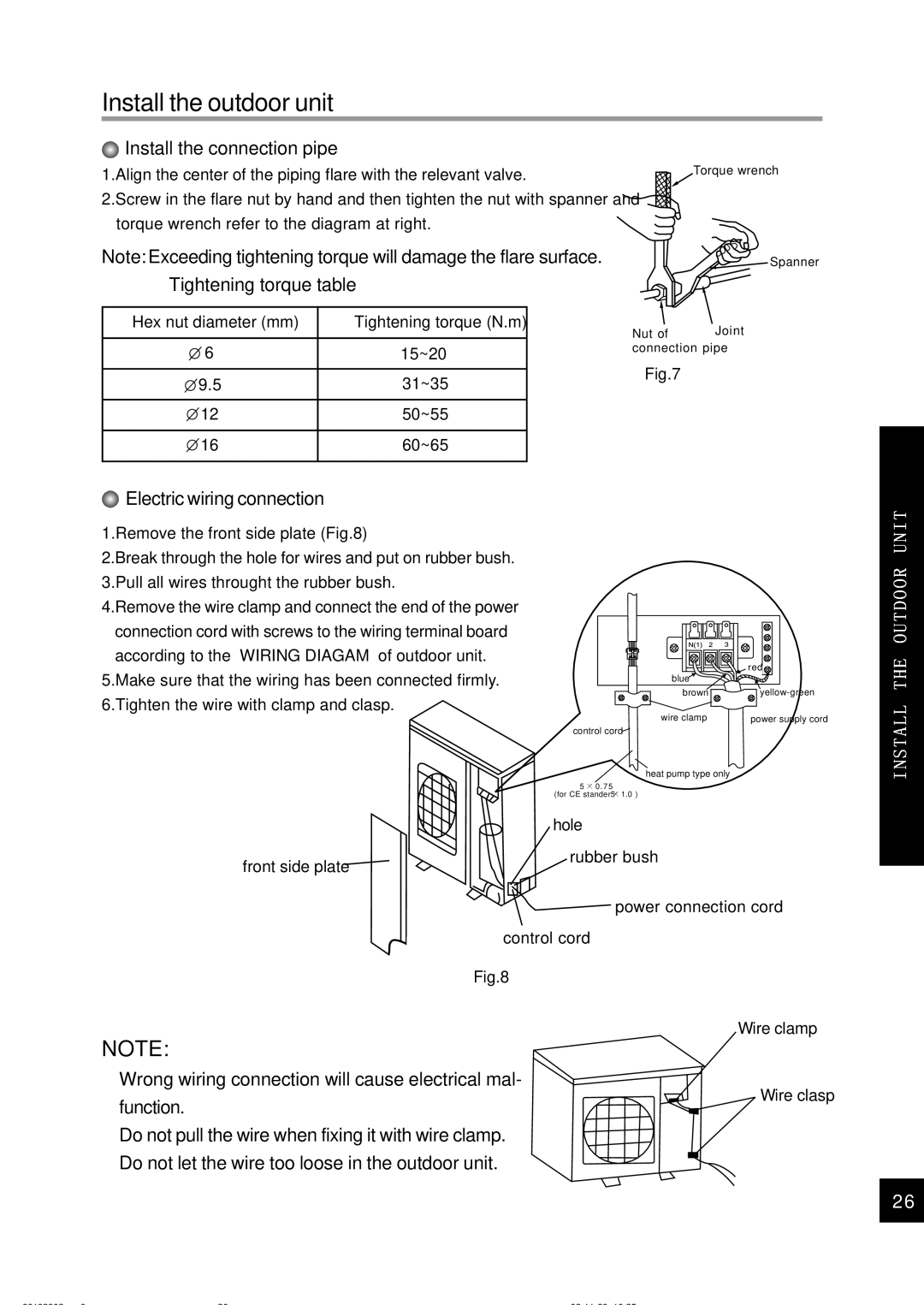 Sinclair ASH-24CN owner manual Install the outdoor unit, Install the connection pipe, Tightening torque table 