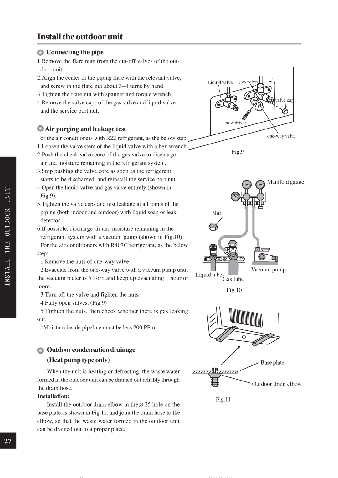 Sinclair ASH-24CN Connecting the pipe, Air purging and leakage test, Outdoor condensation drainage Heat pump type only 