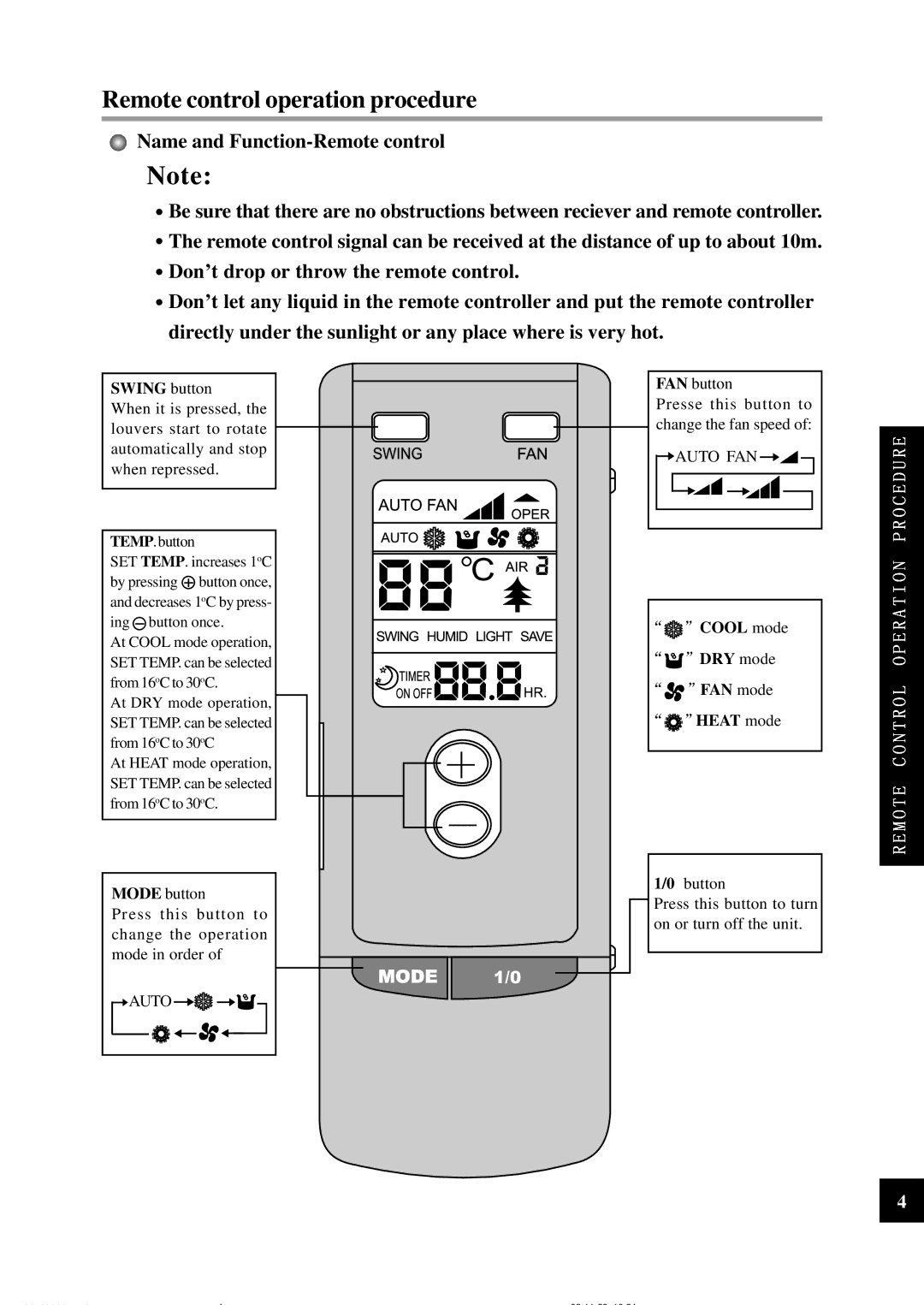 Sinclair ASH-24CN owner manual Remote control operation procedure, Swing button, Cool mode DRY mode FAN mode Heat mode 