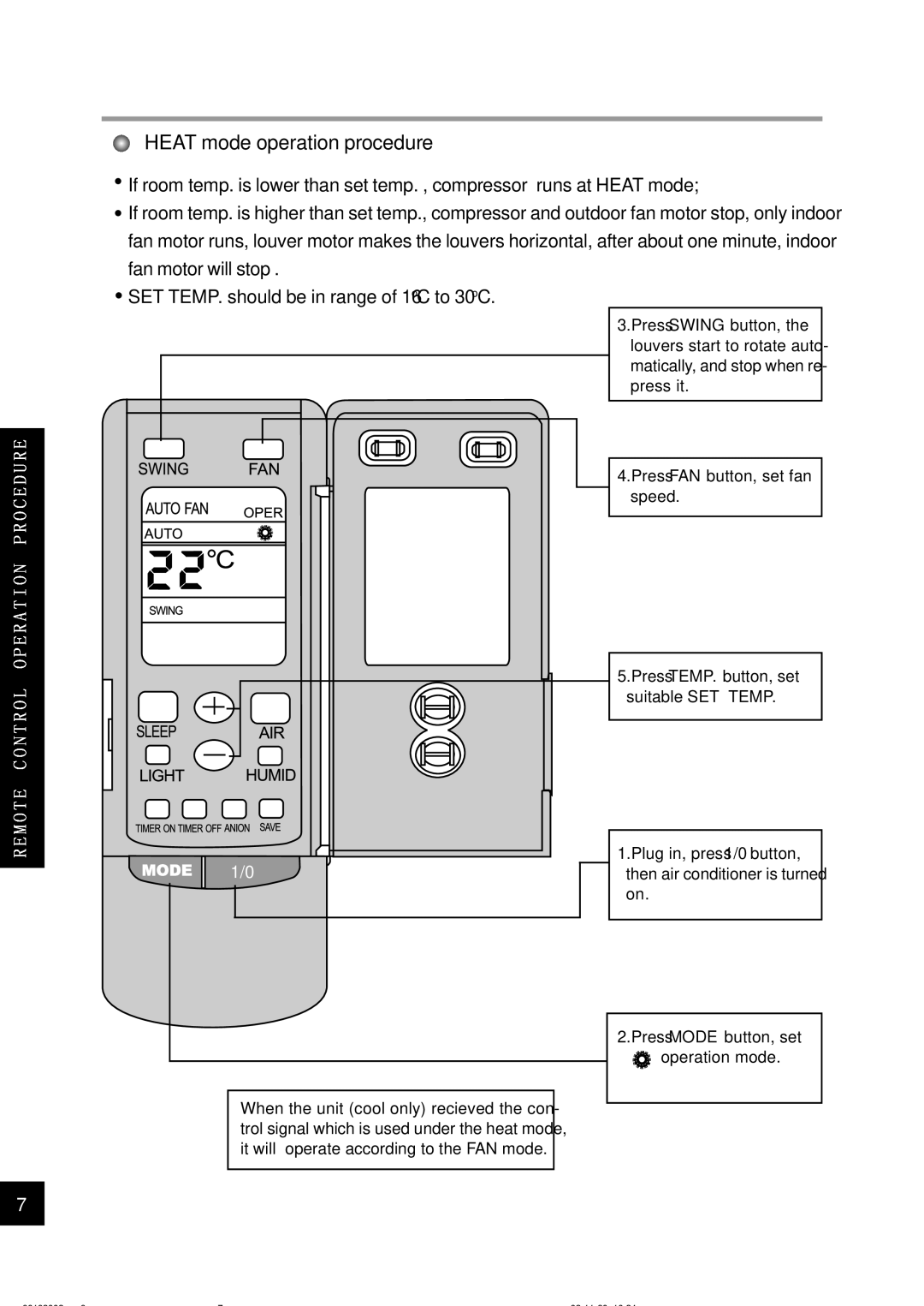 Sinclair ASH-24CN owner manual Heat mode operation procedure 