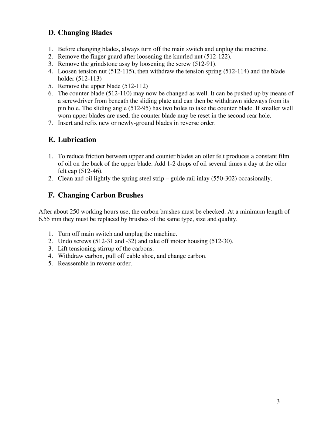 Sinclair Cutting System manual Changing Blades, Lubrication, Changing Carbon Brushes 