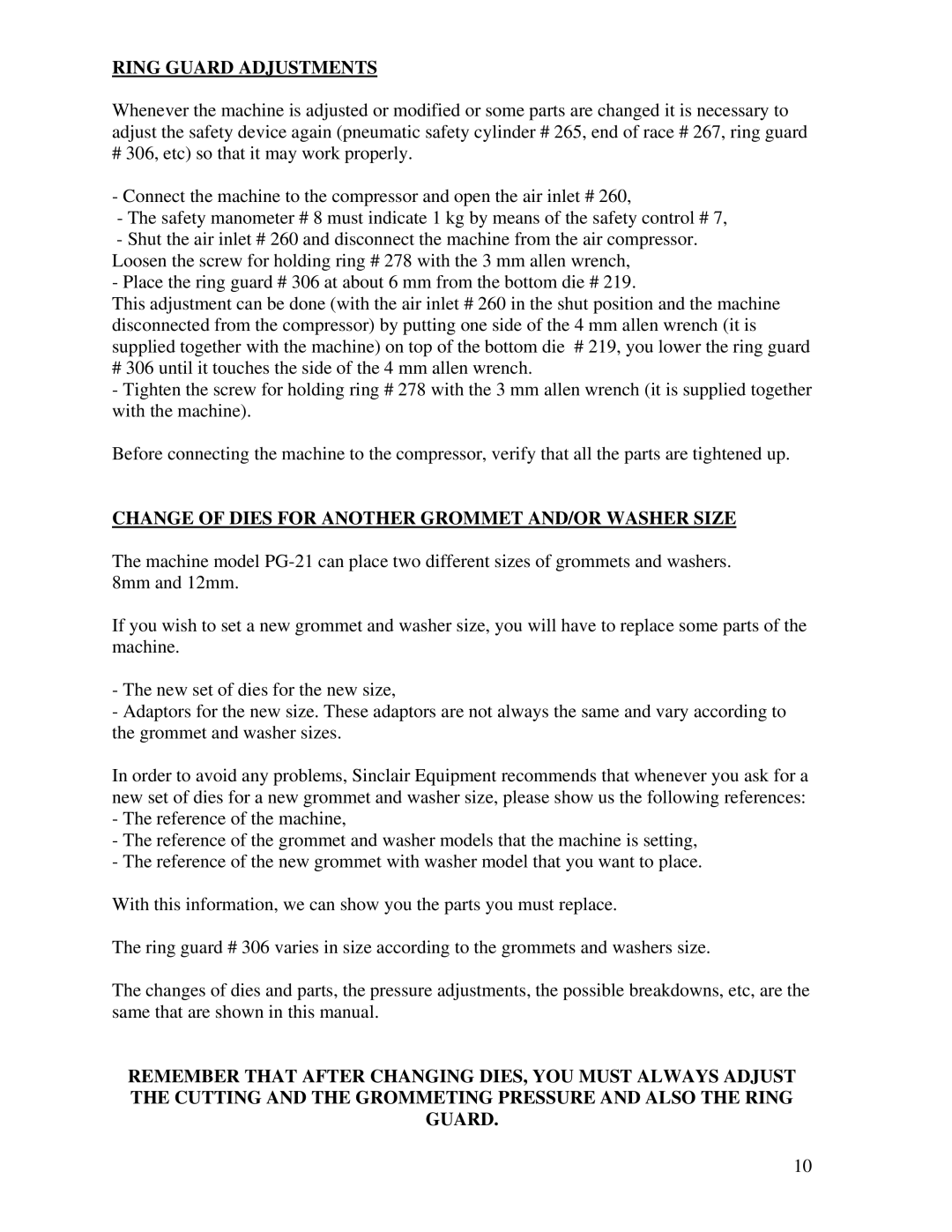 Sinclair PG-21 manual Ring Guard Adjustments 