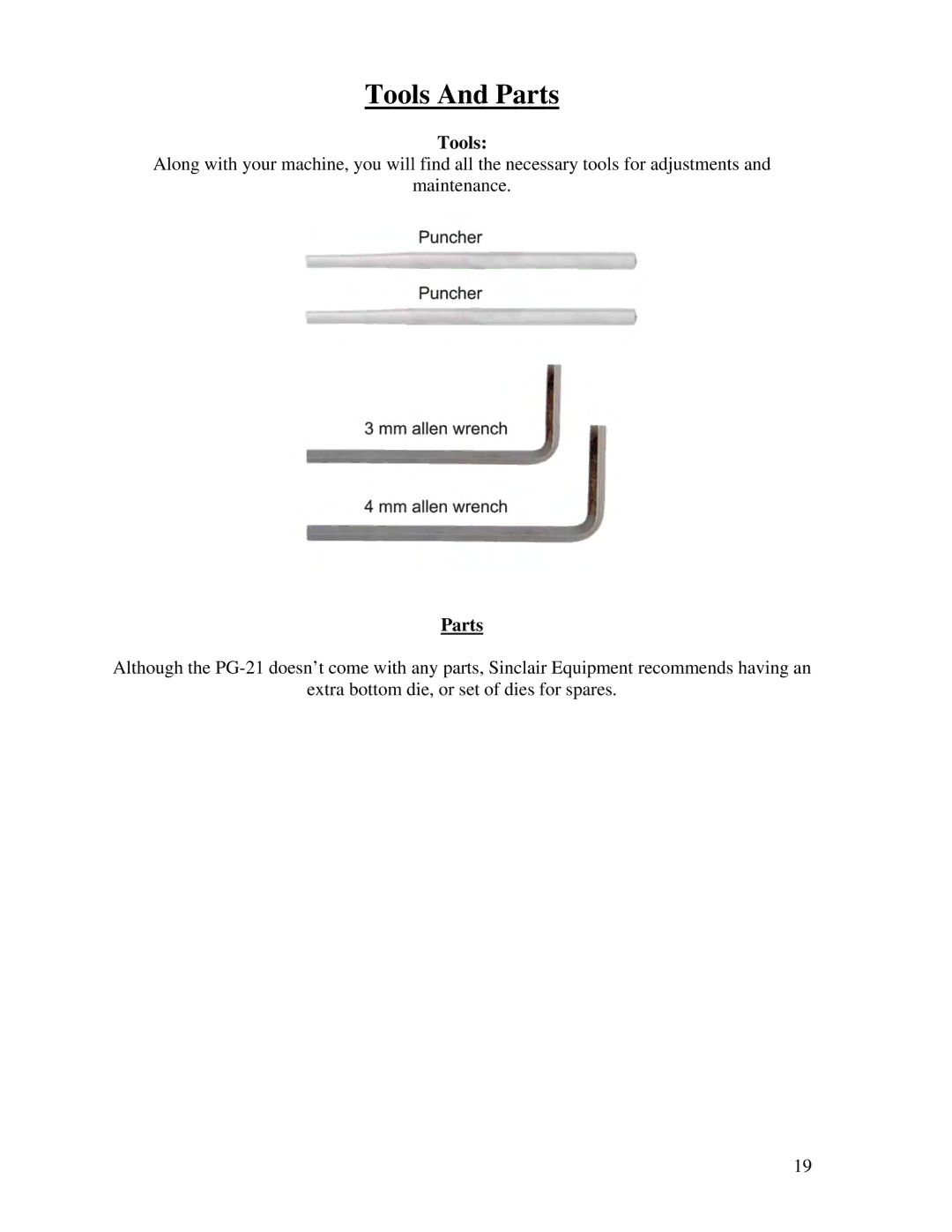 Sinclair PG-21 manual Tools And Parts 
