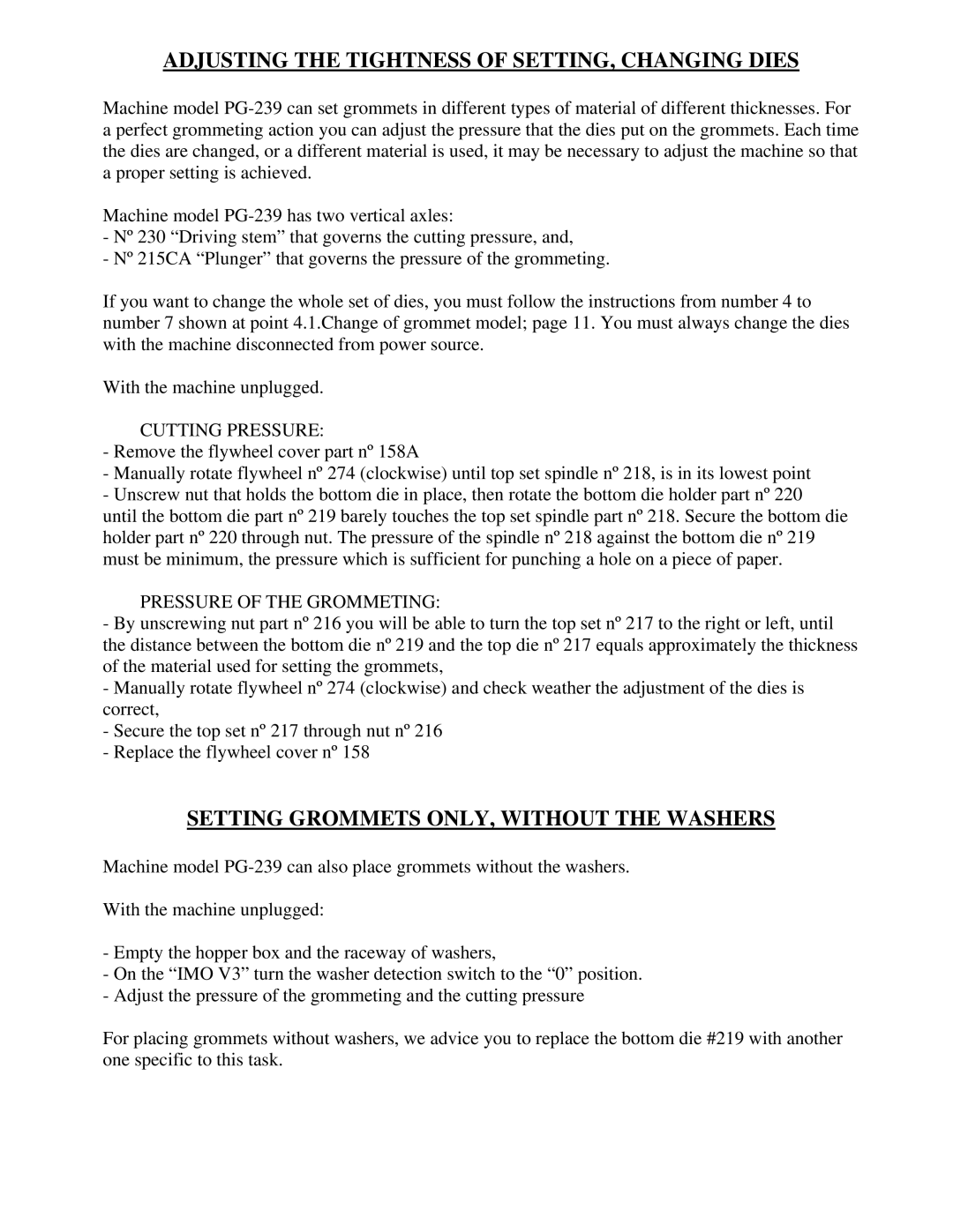 Sinclair PG-239 manual Adjusting the Tightness of SETTING, Changing Dies, Setting Grommets ONLY, Without the Washers 