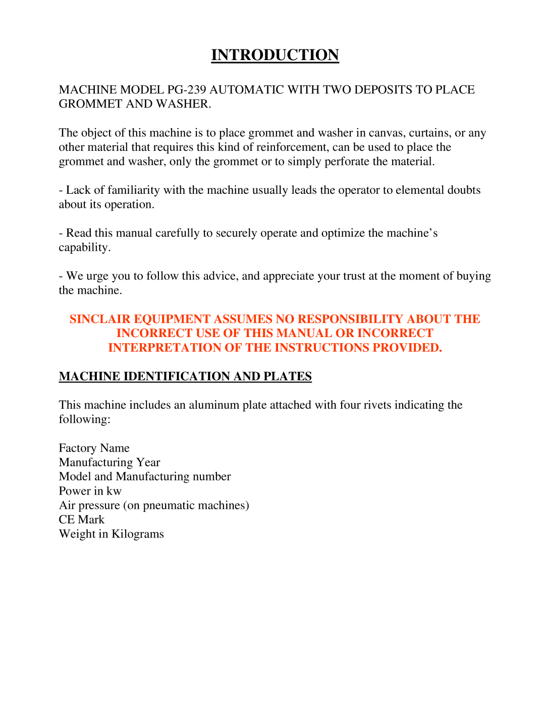 Sinclair PG-239 manual Introduction, Machine Identification and Plates 