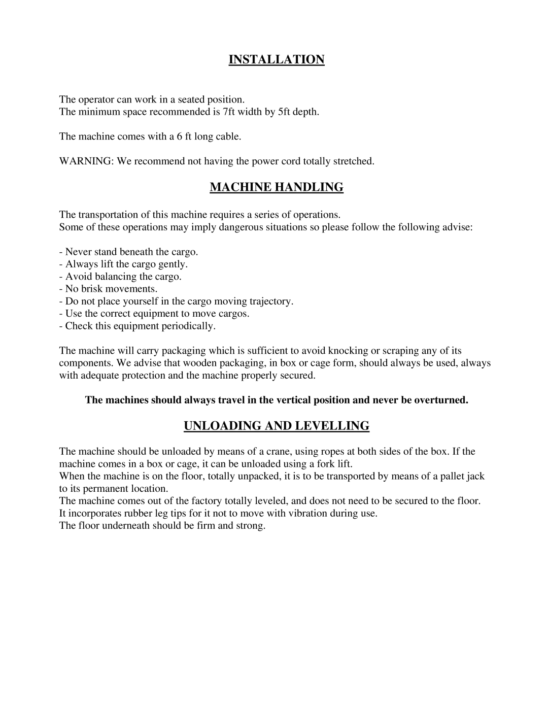 Sinclair PG-239 manual Installation, Machine Handling, Unloading and Levelling 