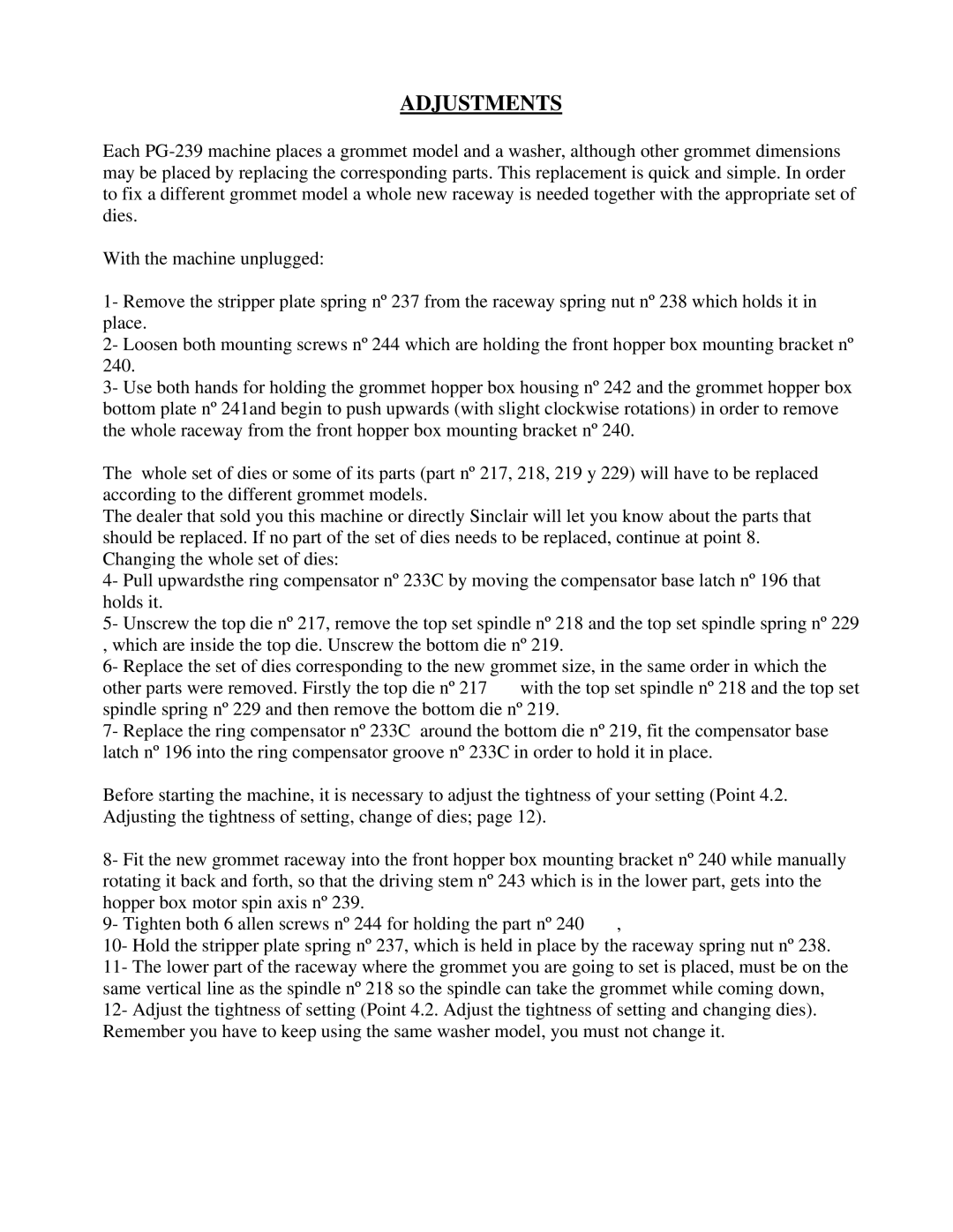 Sinclair PG-239 manual Adjustments 