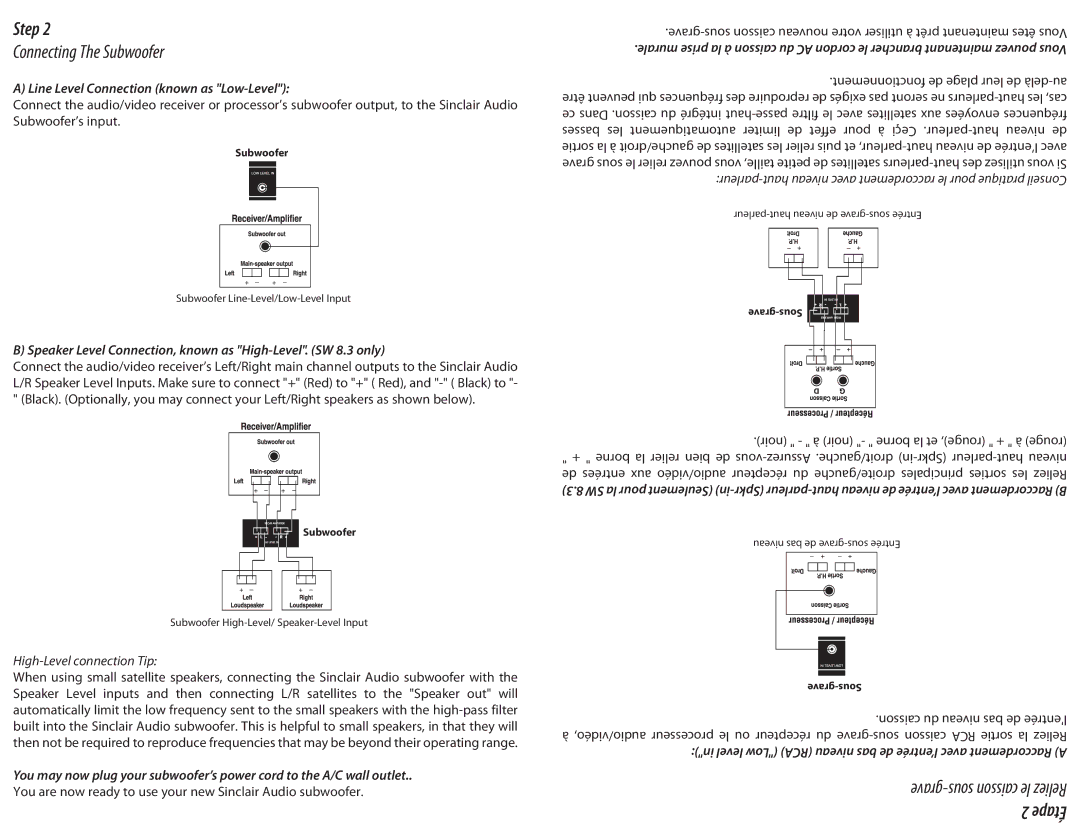 Sinclair SW8.3, SW10.3 instruction manual Connecting The Subwoofer, Line Level Connection known as Low-Level 