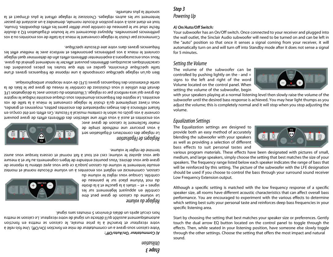 Sinclair SW10.3, SW8.3 instruction manual Utilisation, Étape Step, Powering Up, Setting the Volume, Equalization Settings 