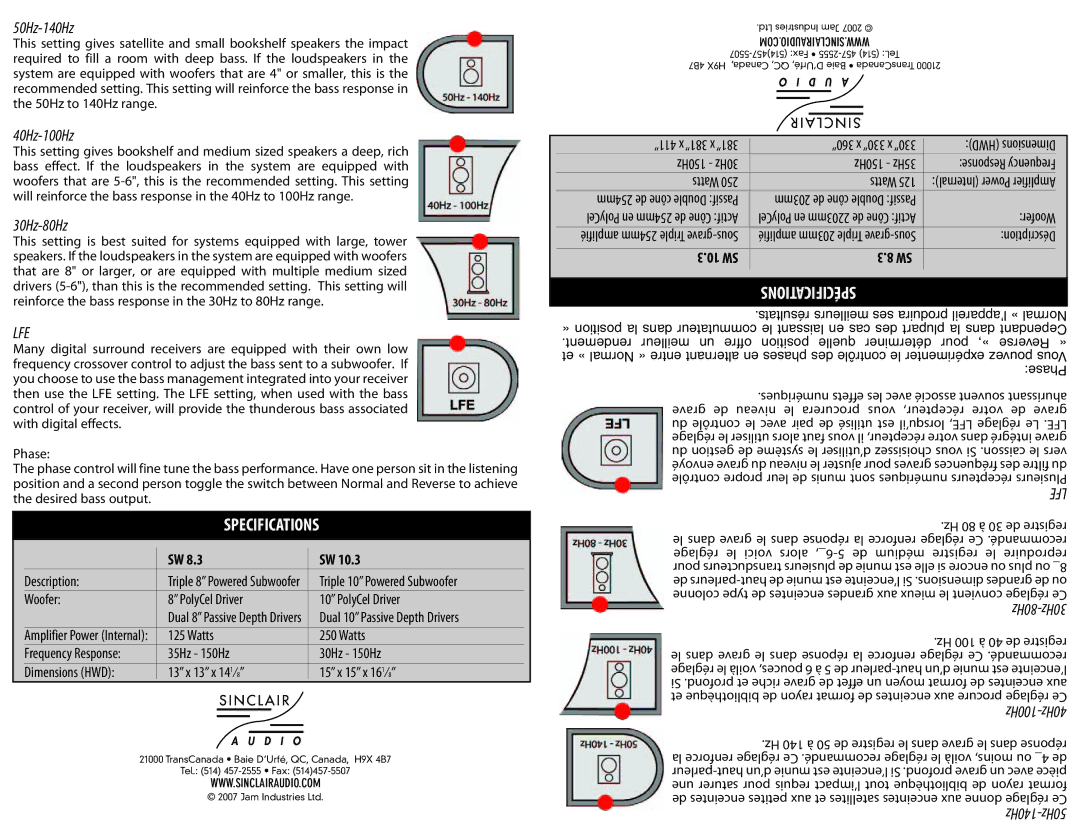 Sinclair SW8.3, SW10.3 instruction manual 50Hz-140Hz, 10 SW 