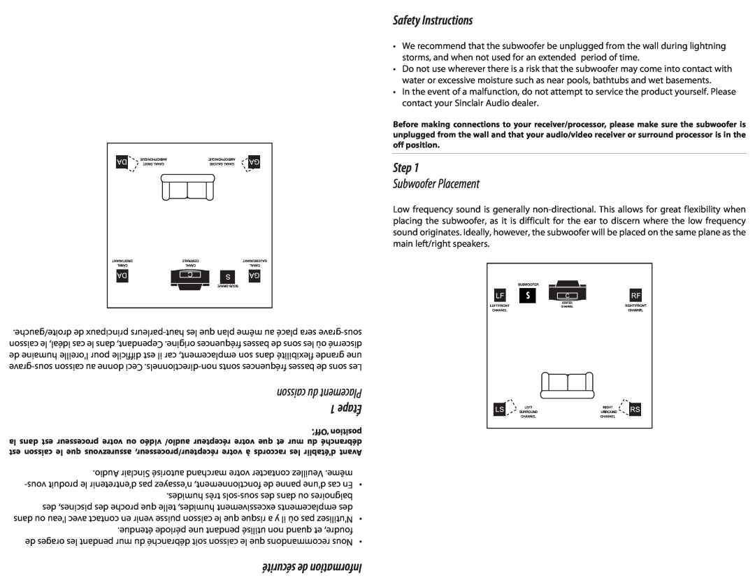 Sinclair SW10.3, SW8.3 instruction manual Safety Instructions, Step, Subwoofer Placement, sécurité de Information 