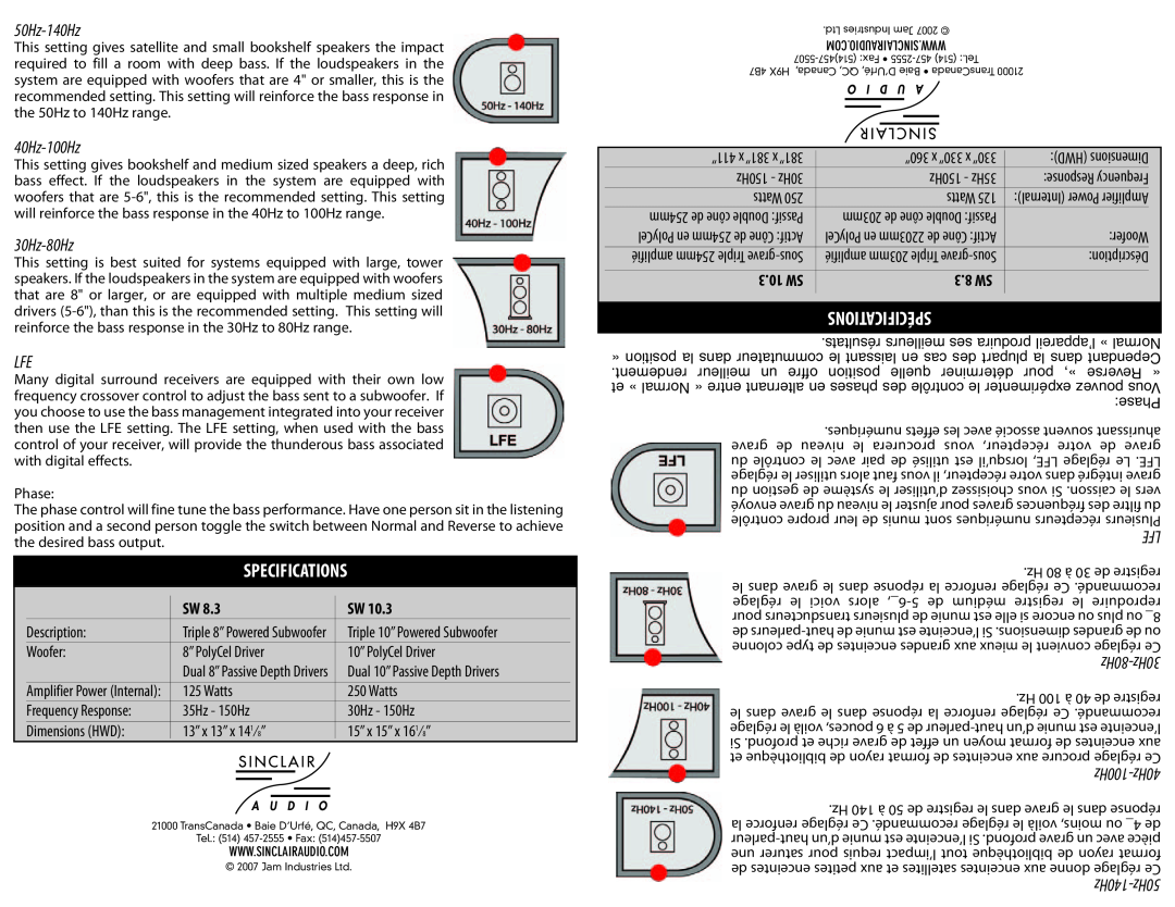 Sinclair SW8.3, SW10.3 instruction manual Specifications, Spécifications, 50Hz-140Hz, 40Hz-100Hz, 30Hz-80Hz 