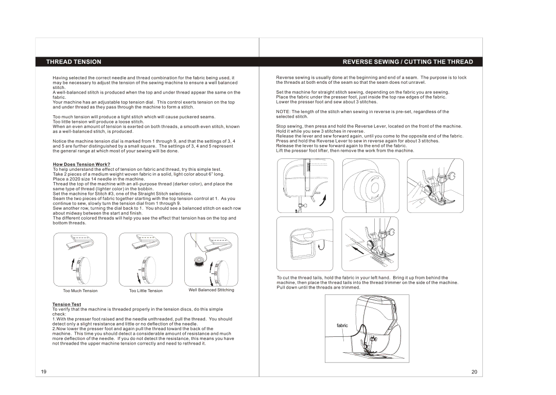 Singer 1004 instruction manual Thread Tension, Reverse Sewing / Cutting the Thread, How Does Tension Work?, Tension Test 