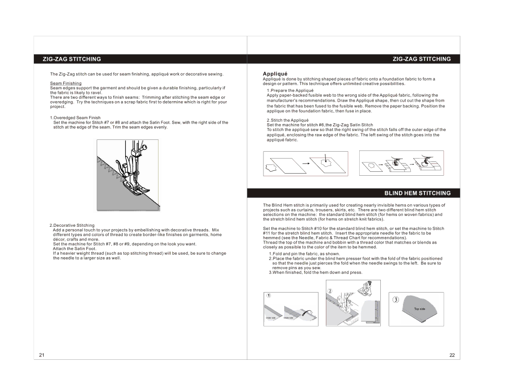 Singer 1004 instruction manual ZIG-ZAG Stitching, Blind HEM Stitching, Appliqué 