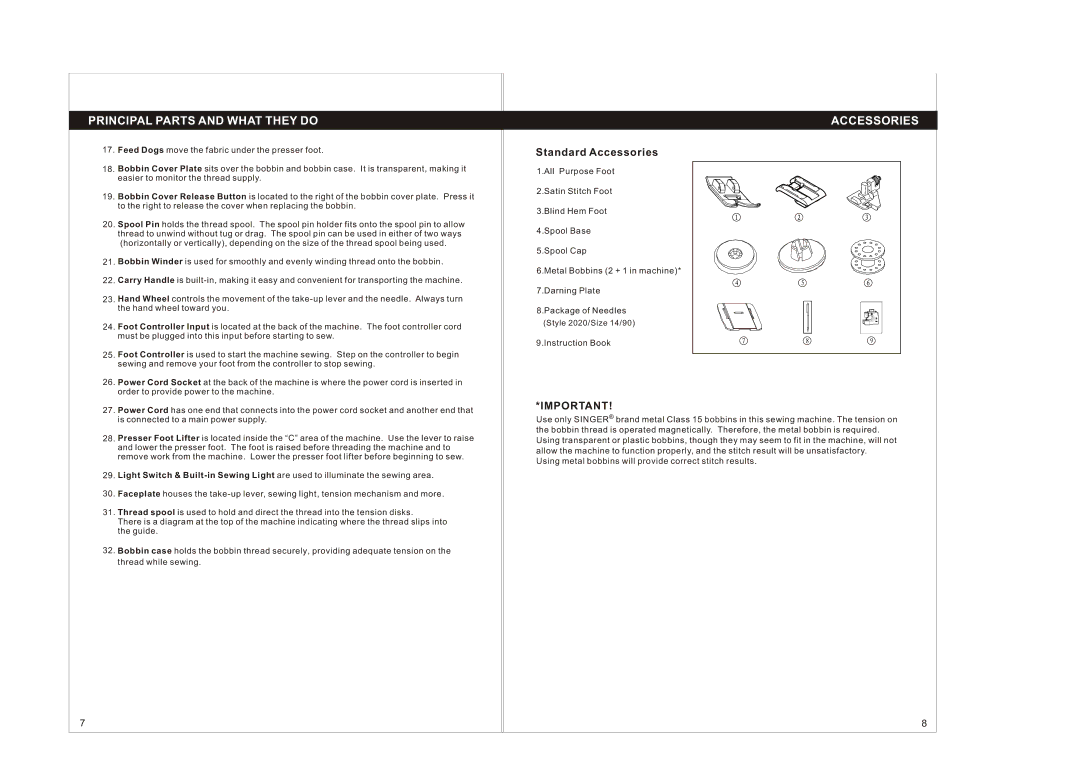 Singer 1004 instruction manual Standard Accessories 