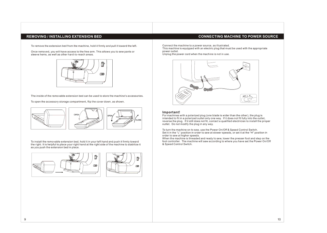 Singer 1004 instruction manual Removing / Installing Extension BED, Connecting Machine to Power Source 