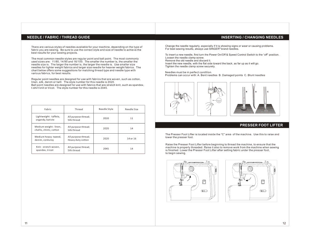 Singer 1004 instruction manual Needle / Fabric / Thread Guide, Inserting / Changing Needles, Presser Foot Lifter 