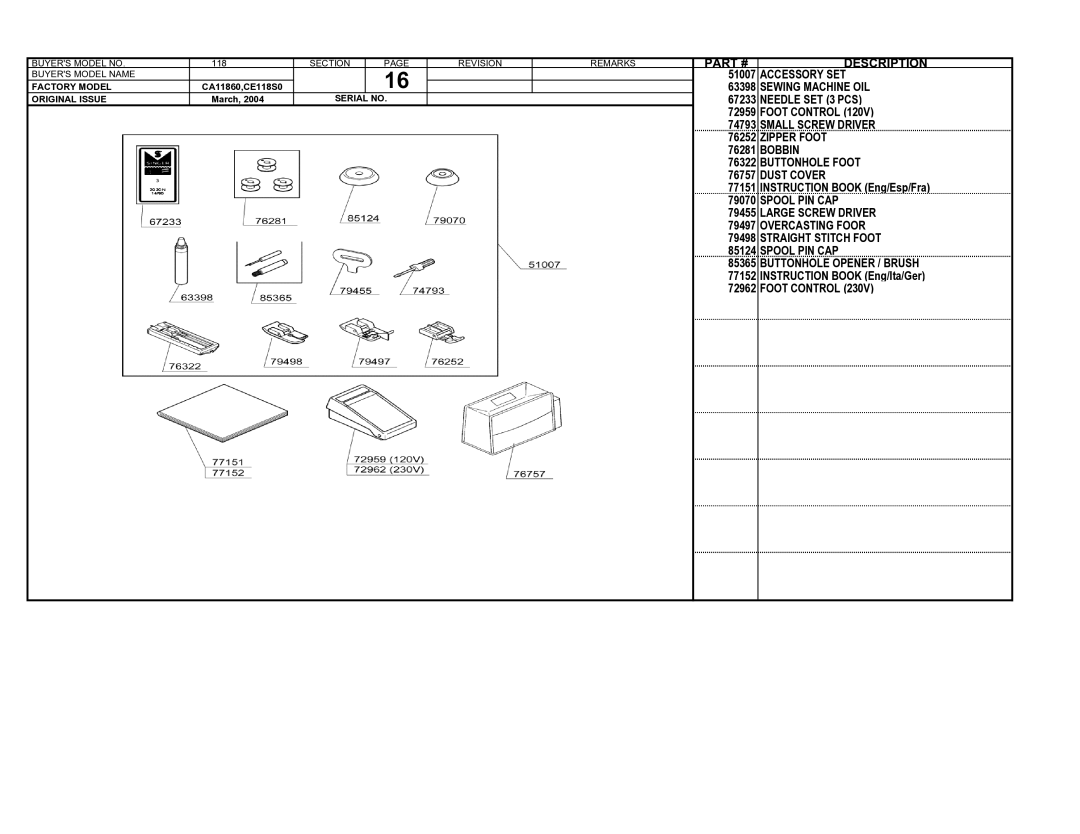 Singer 118 manual Accessory SET 