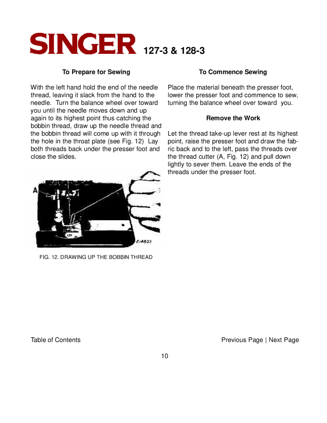 Singer 127-3 & 128-3 instruction manual To Prepare for Sewing, Remove the Work 