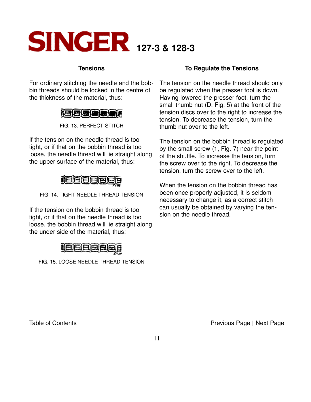 Singer 127-3 & 128-3 instruction manual Tensions, Perfect Stitch 