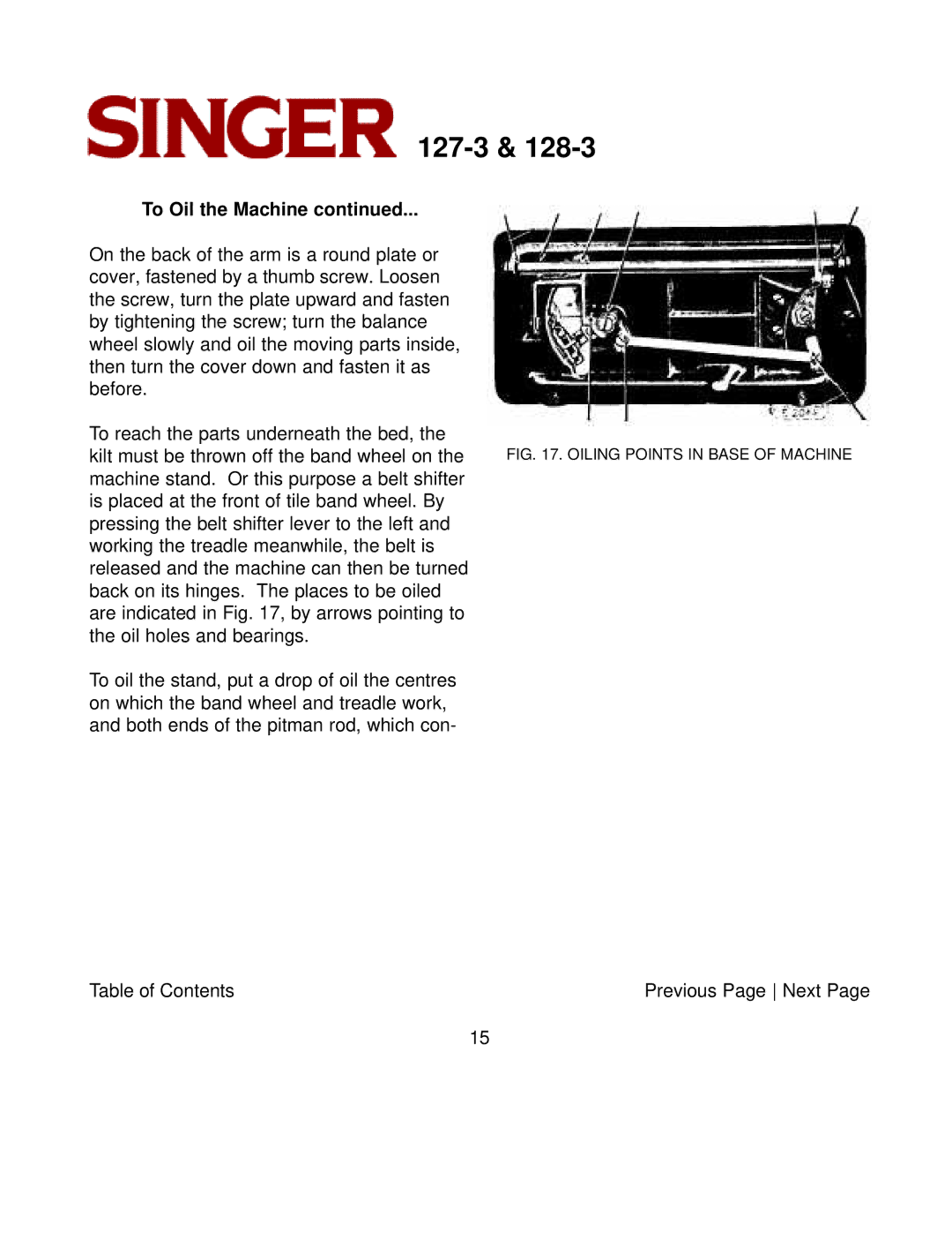 Singer 127-3 & 128-3 instruction manual Oiling Points in Base of Machine 