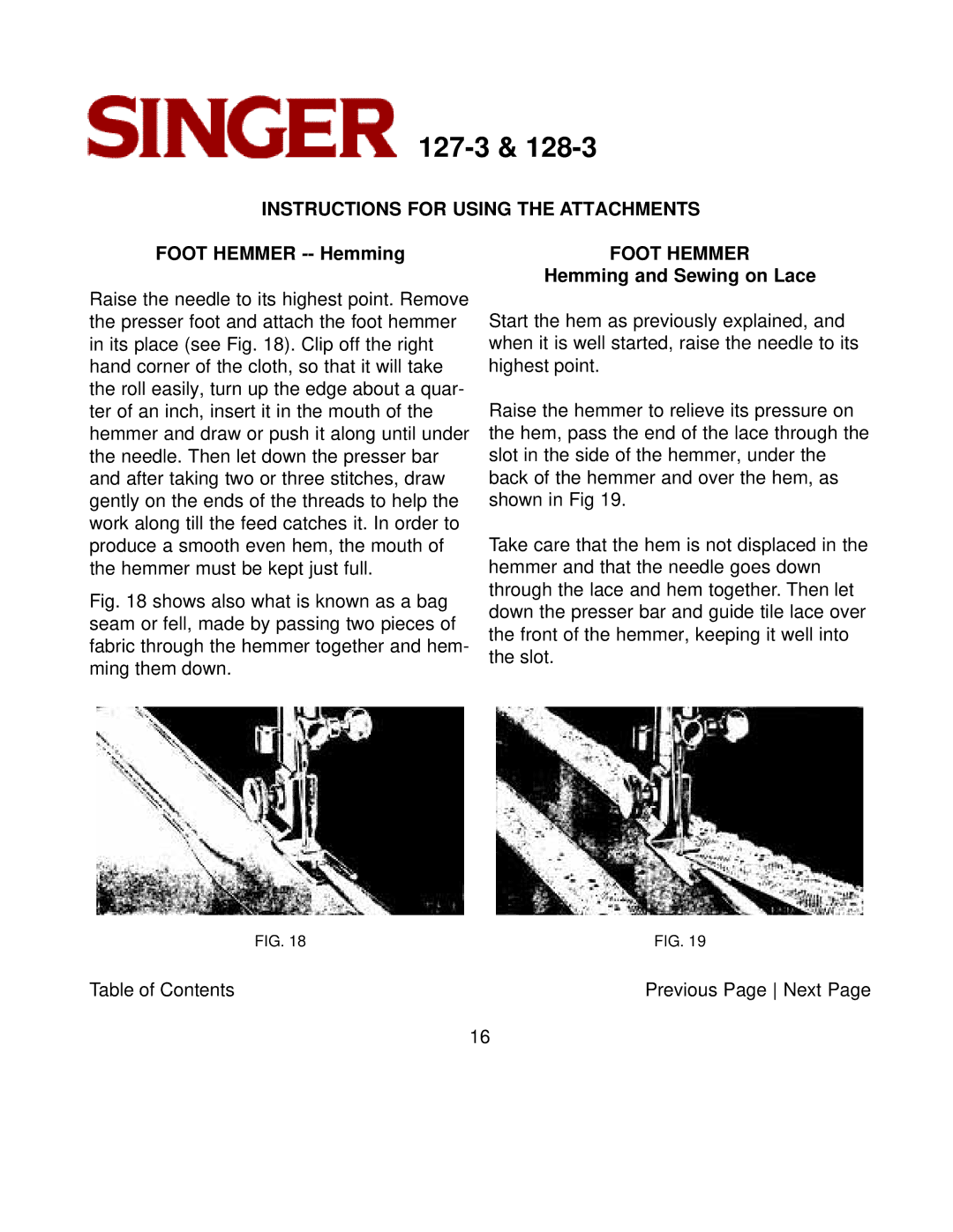 Singer 127-3 & 128-3 instruction manual Foot Hemmer -- Hemming, Hemming and Sewing on Lace 