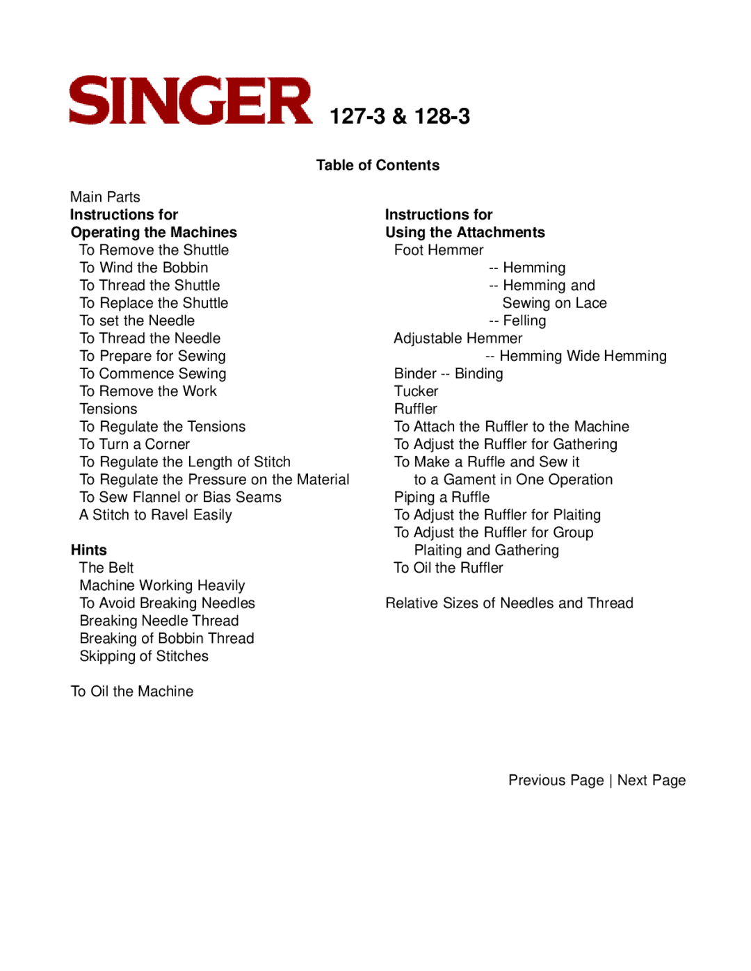 Singer 127-3 & 128-3 instruction manual Table of Contents, Instructions for Operating the Machines, Hints 