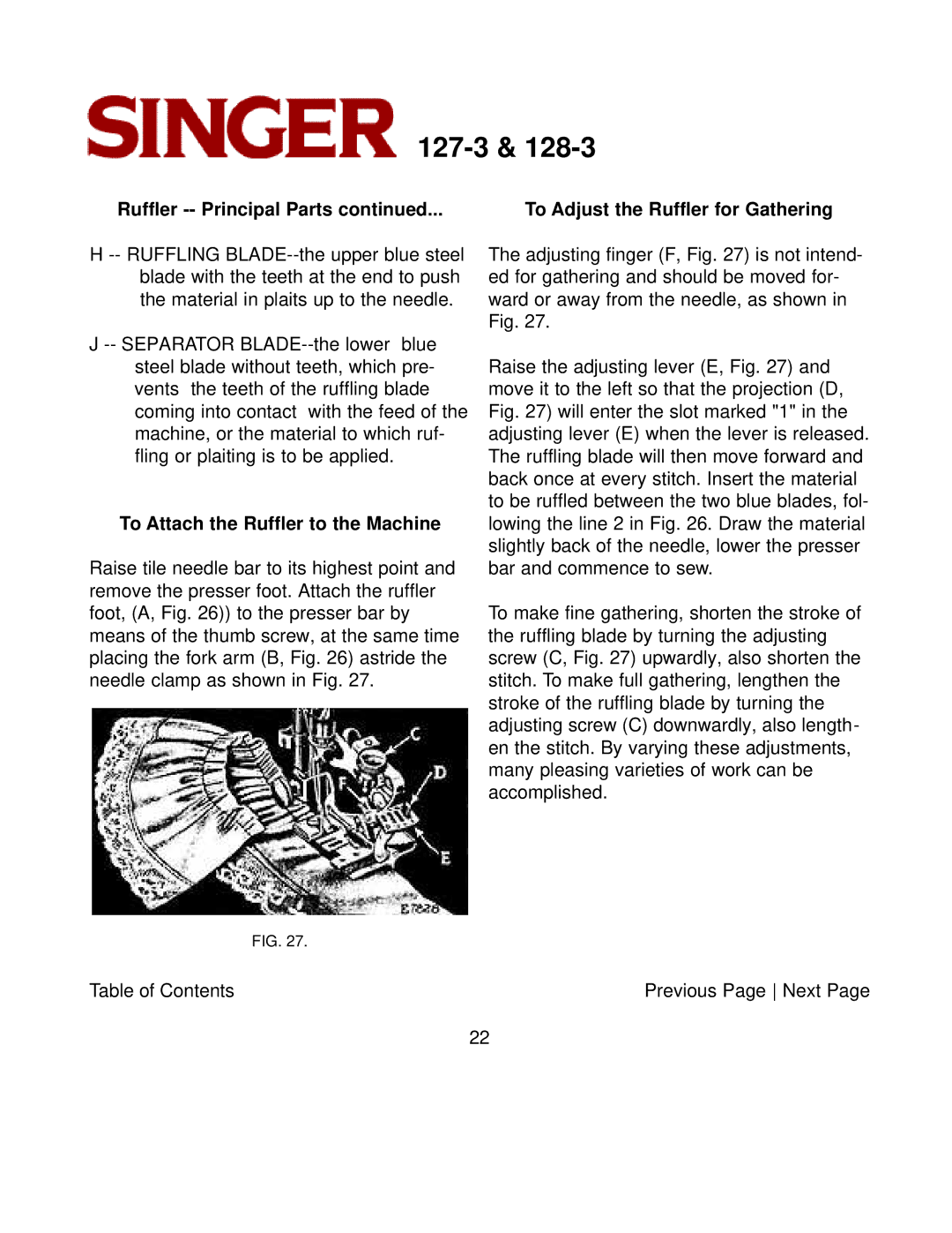 Singer 127-3 & 128-3 instruction manual To Attach the Ruffler to the Machine 