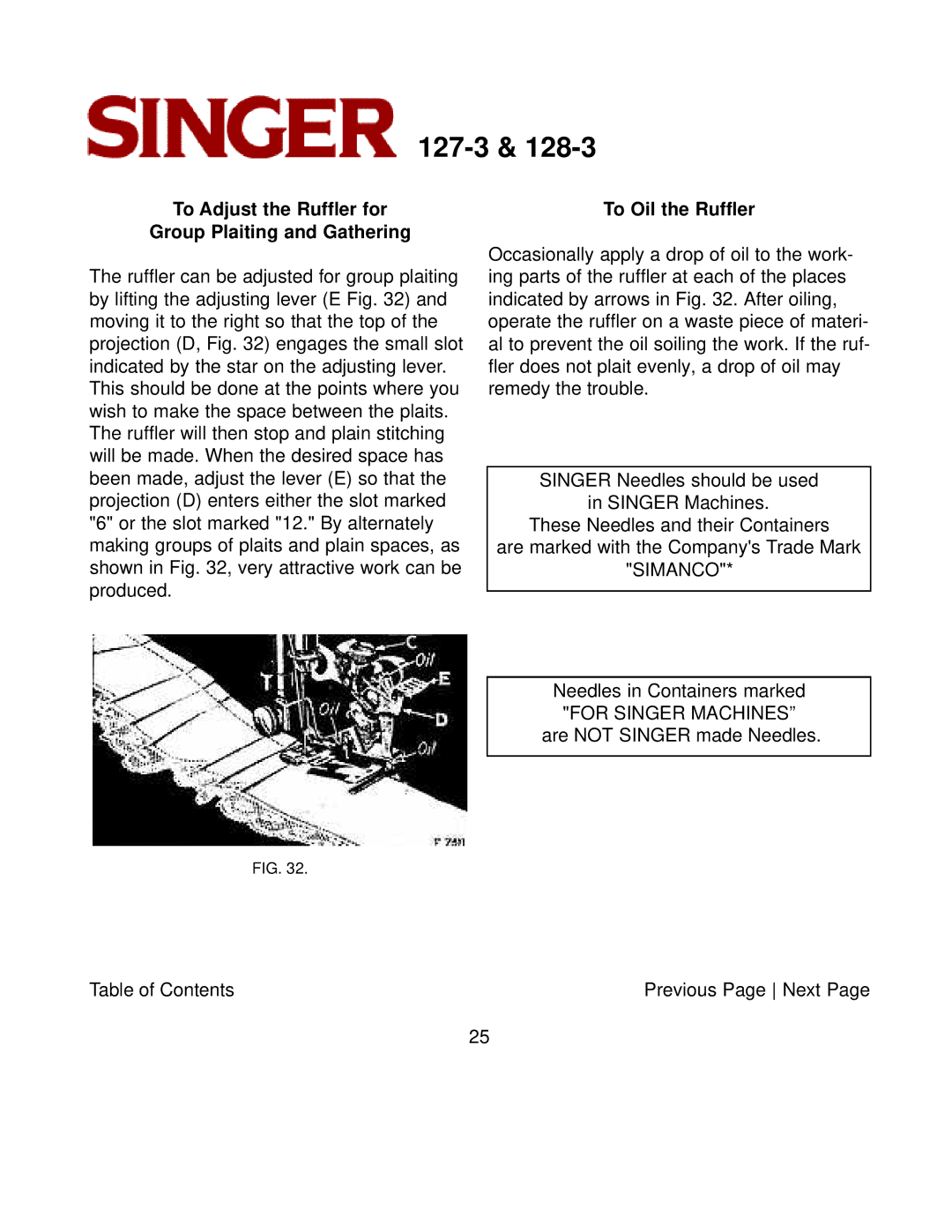 Singer 127-3 & 128-3 instruction manual To Adjust the Ruffler for Group Plaiting and Gathering, To Oil the Ruffler 