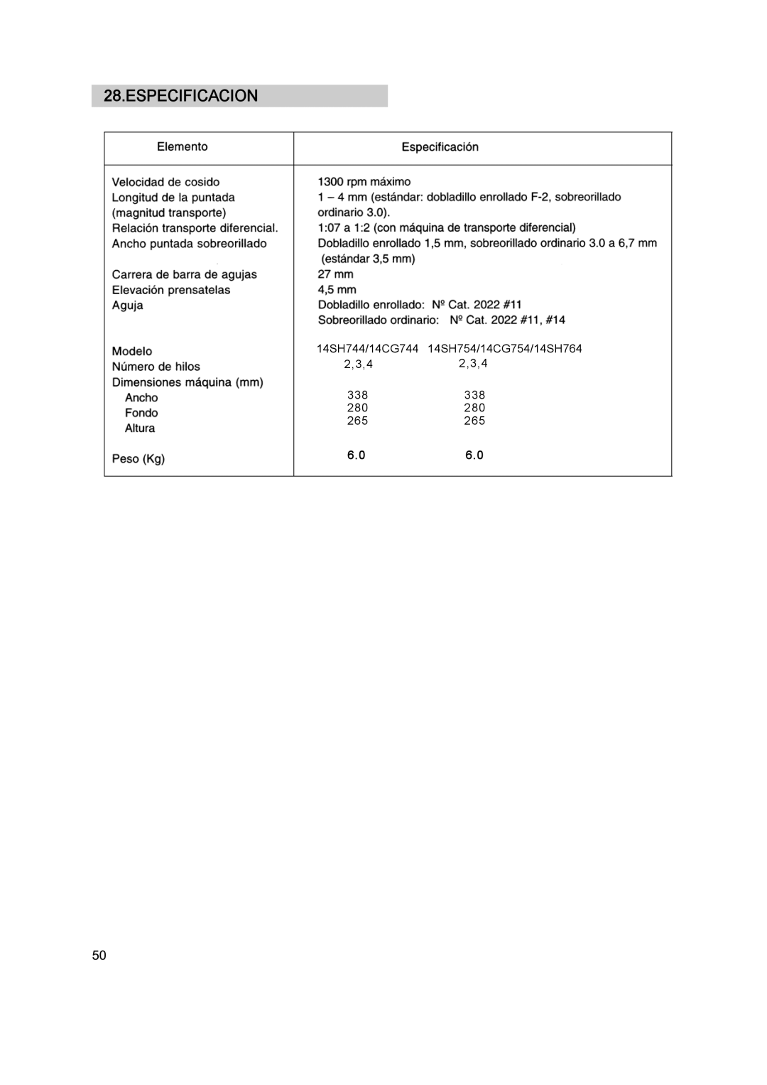 Singer 14SH764, 14CG754, 14CG744, 14SH744, 14SH754 manual Especificacion 