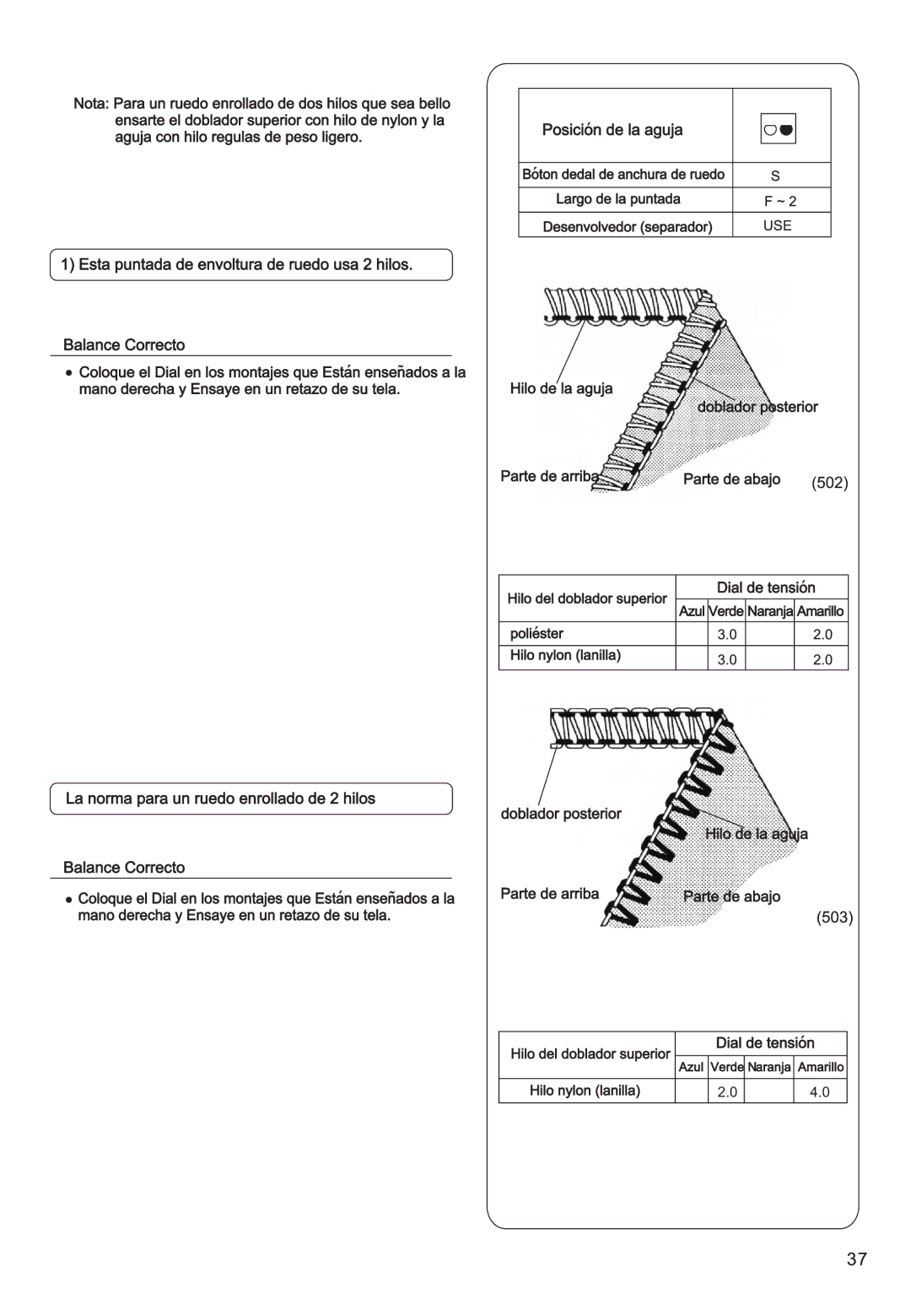 Singer 14SH754, 14CG754, 14CG744, 14SH764, 14SH744 manual La norma para un ruedo enrollado de 2 hilos Balance Correcto 