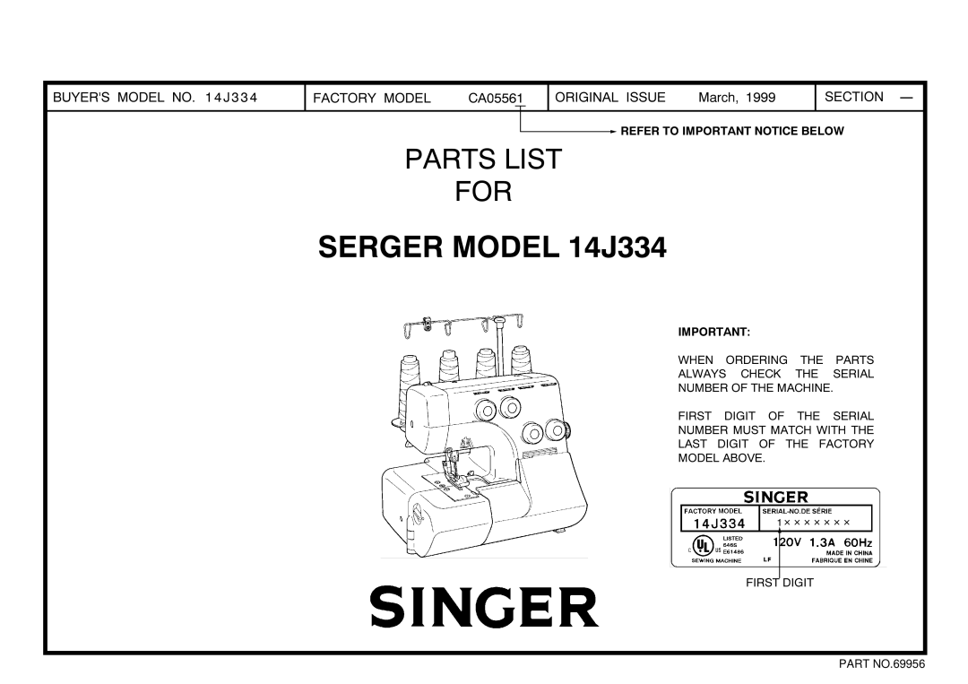 Singer 14J334 manual Parts List 