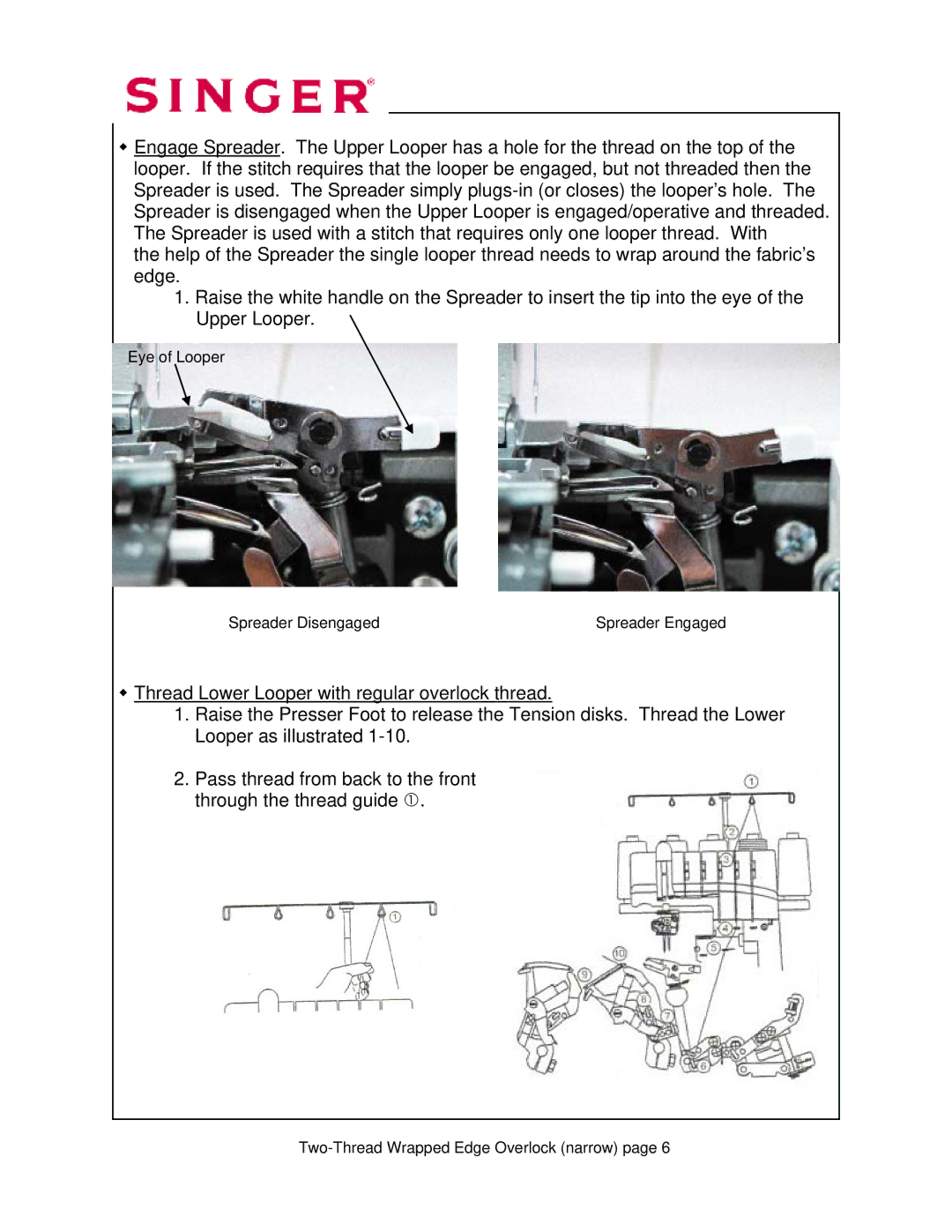 Singer 14T968DC manual Eye of Looper Spreader Disengaged Spreader Engaged 