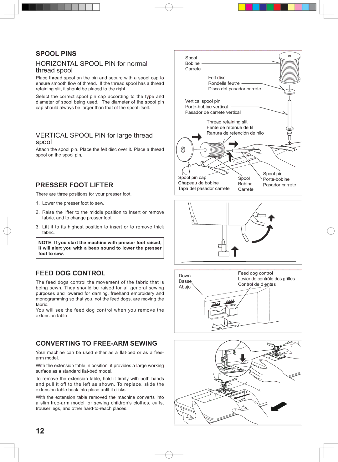 Singer 160 instruction manual Spool Pins, Presser Foot Lifter, Feed DOG Control, Converting to FREE-ARM Sewing 