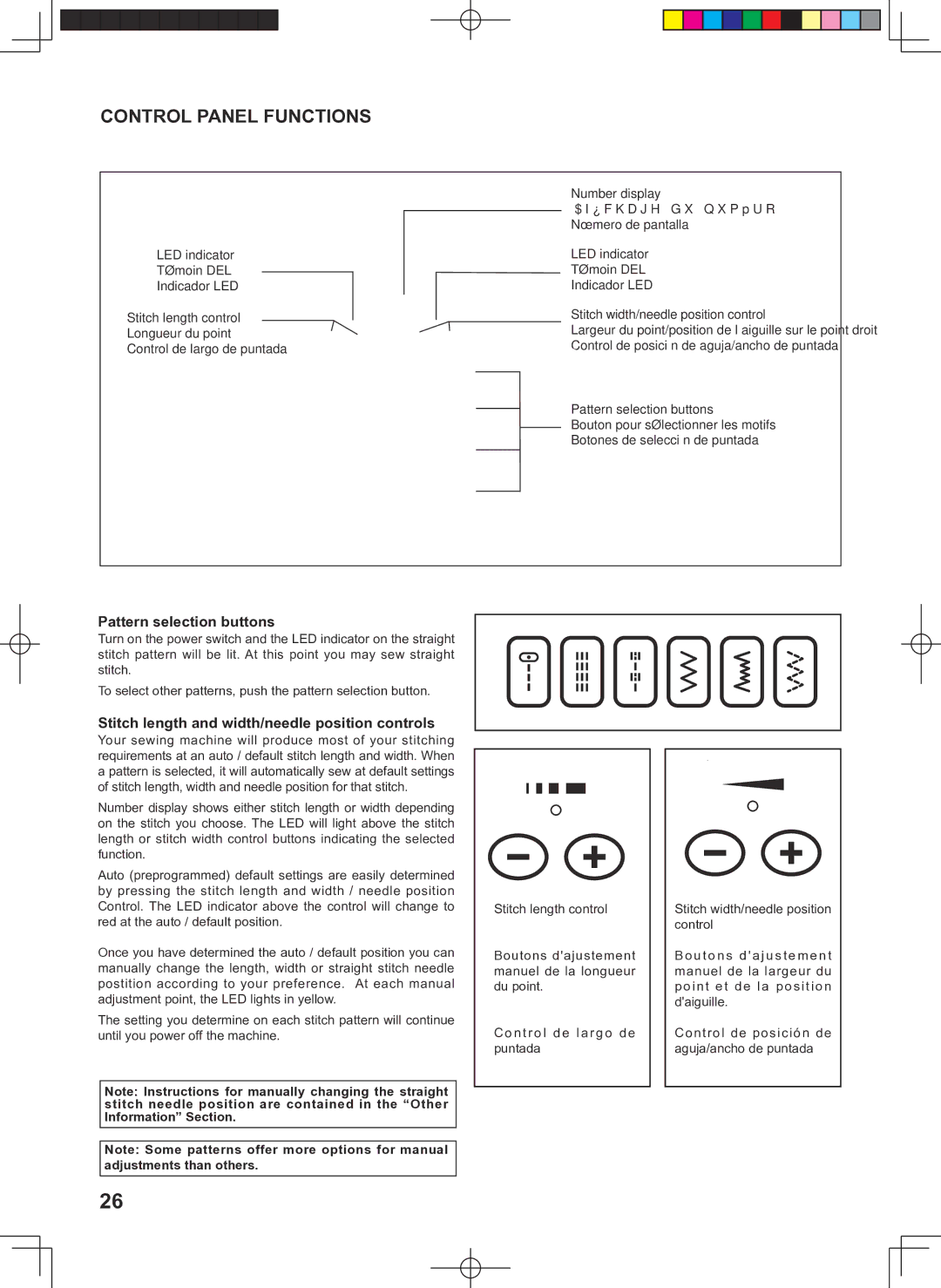 Singer 160 Control Panel Functions, Pattern selection buttons, Stitch length and width/needle position controls 