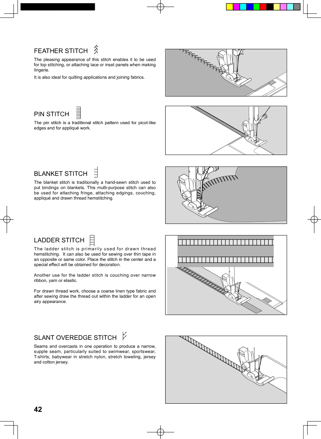 Singer 160 instruction manual Feather Stitch, PIN Stitch, Blanket Stitch, Ladder Stitch, Slant Overedge Stitch 