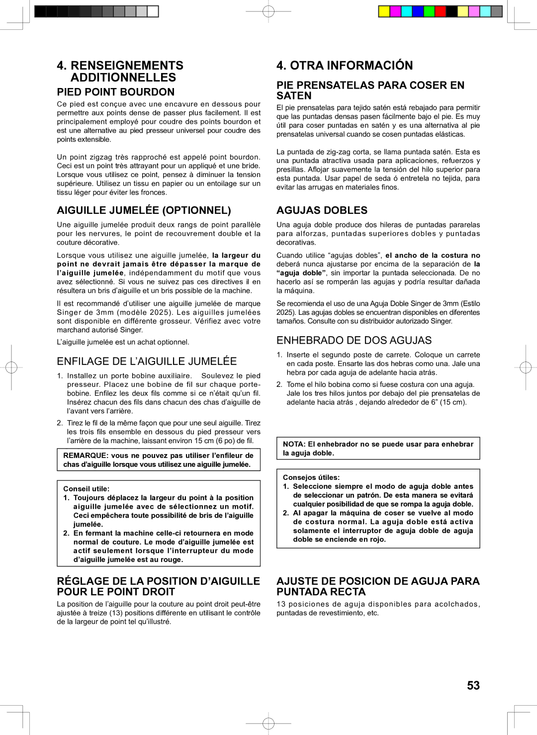 Singer 160 instruction manual Renseignements Additionnelles, Otra Información 