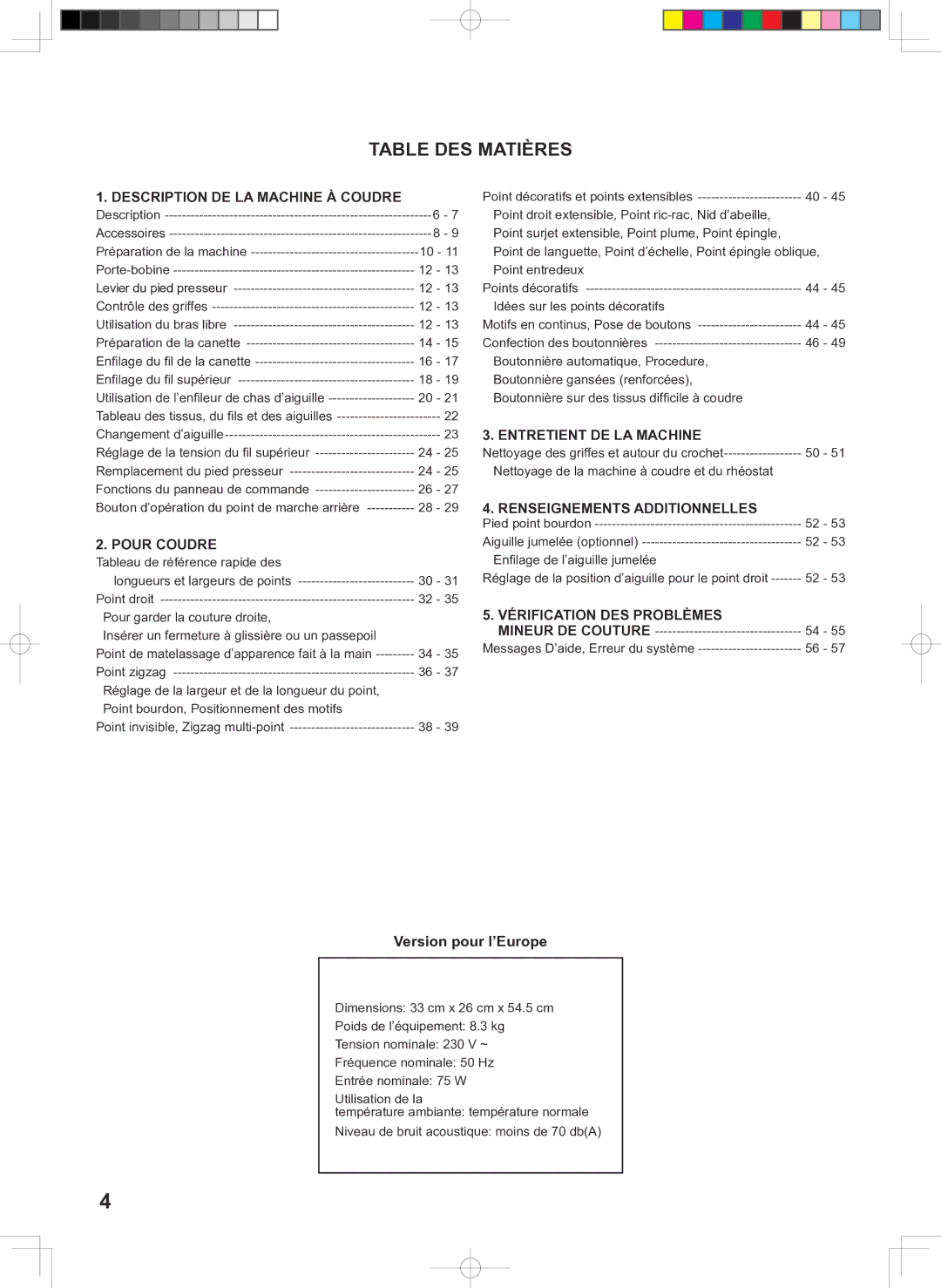 Singer 160 instruction manual Table DES Matières, Version pour l’Europe 