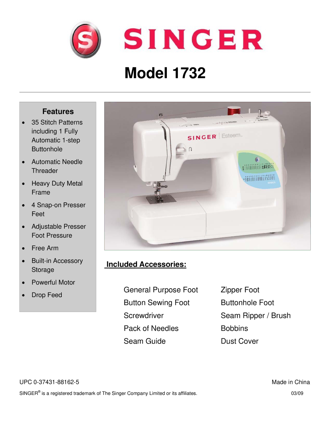 Singer 1732 manual Model, Features, Included Accessories, Pack of Needles Bobbins Seam Guide Dust Cover 