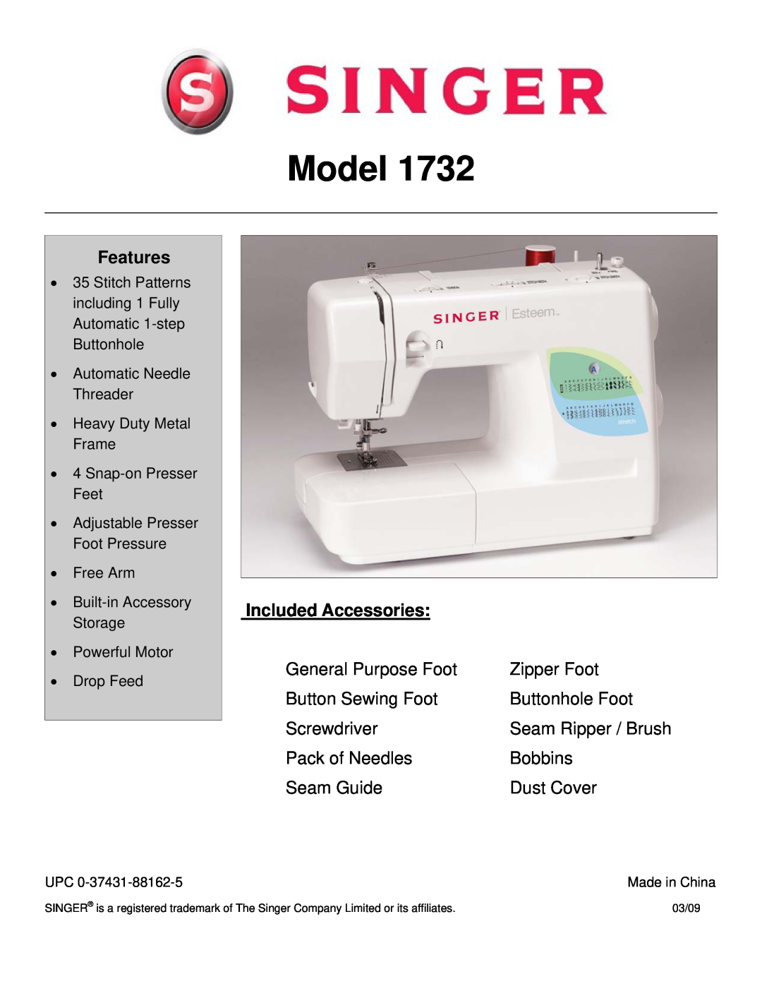 Singer 1732 manual Model, Features, Included Accessories, General Purpose Foot, Zipper Foot, Button Sewing Foot, Bobbins 
