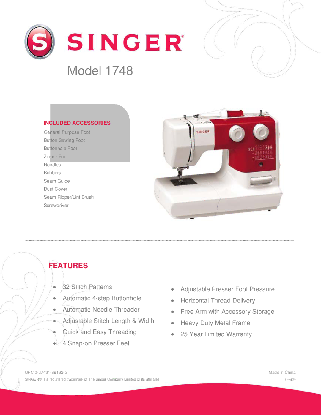 Singer 1748 warranty Model, Features, Included Accessories 