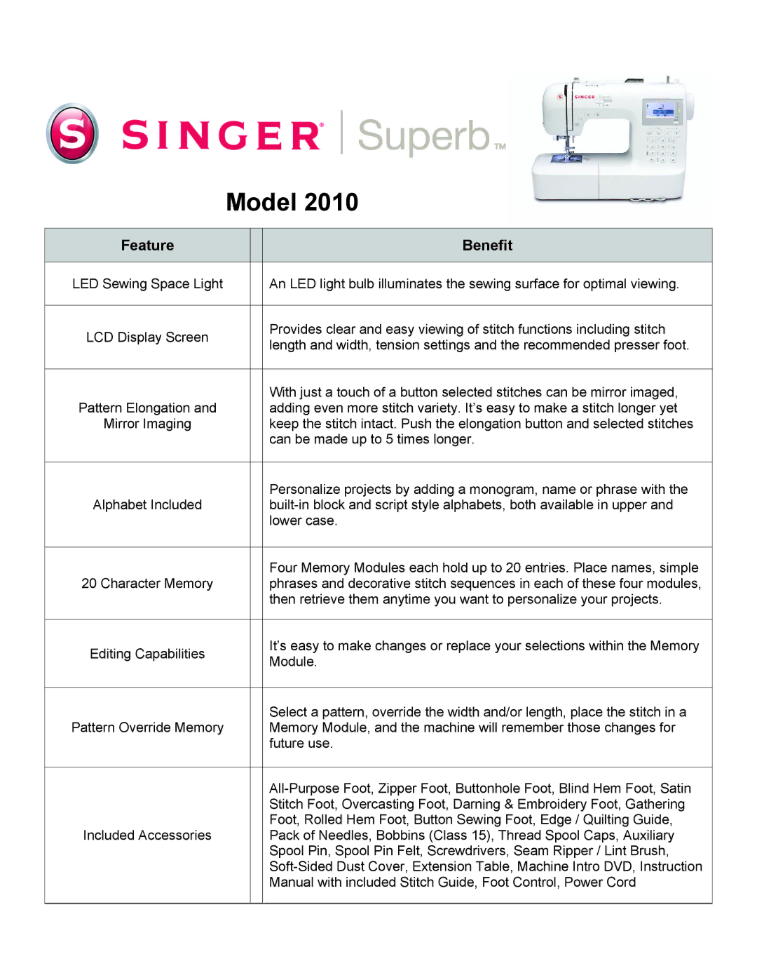 Singer 2010 manual Manual with included Stitch Guide, Foot Control, Power Cord 