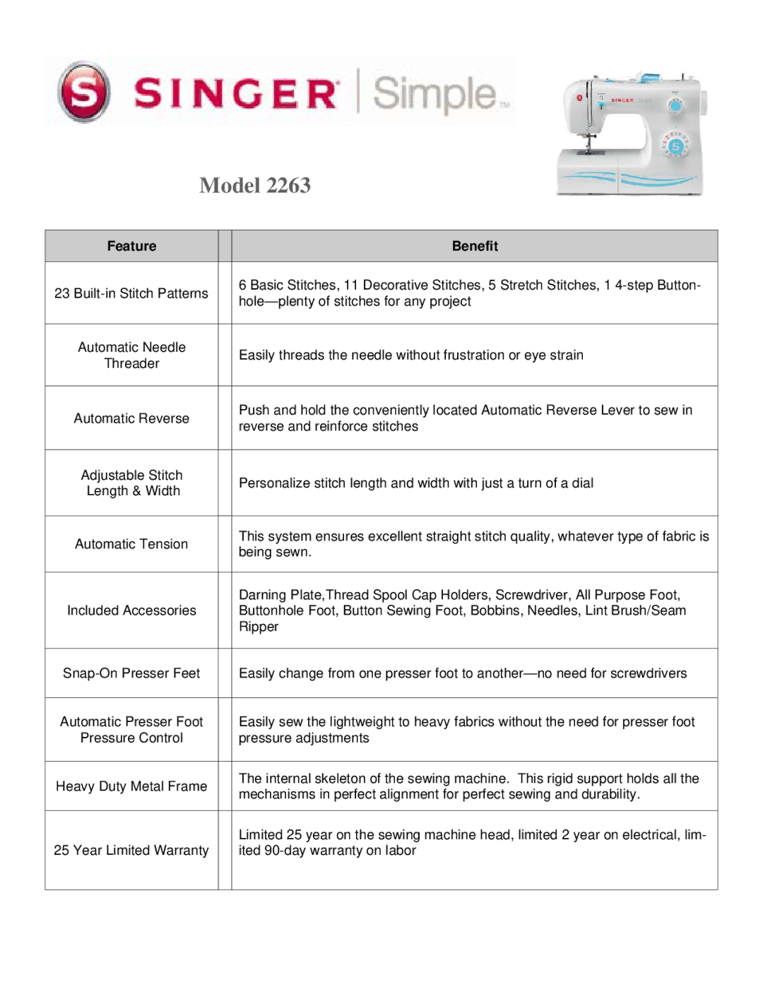 Singer 2263 warranty Model, Benefit 