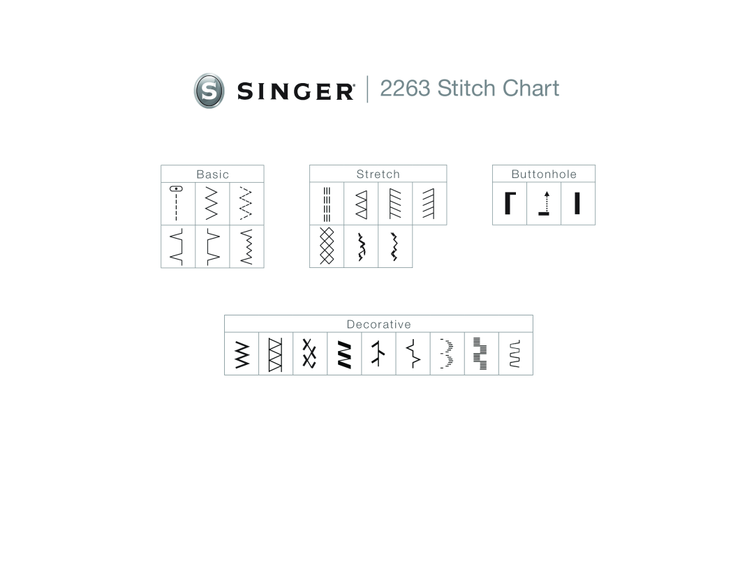 Singer 2263 warranty Stitch Chart, B a s i c, S t re t c h, D e c o r a t i v e, B u t t o n h o l e 