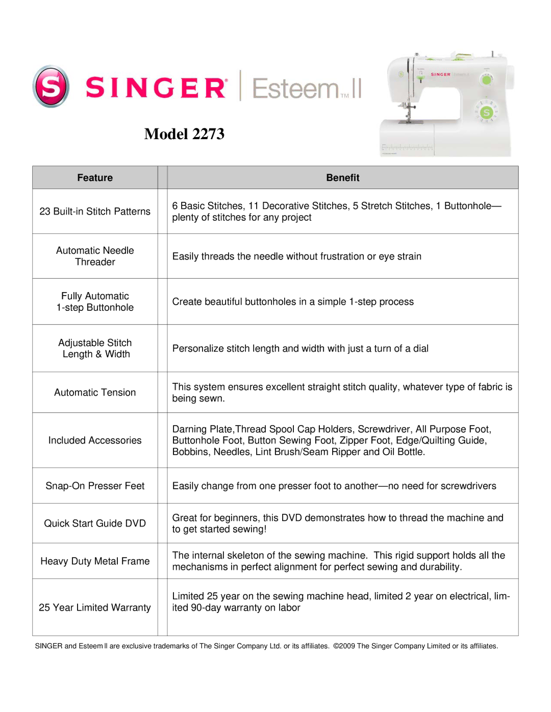 Singer 2273 quick start Model, Benefit 