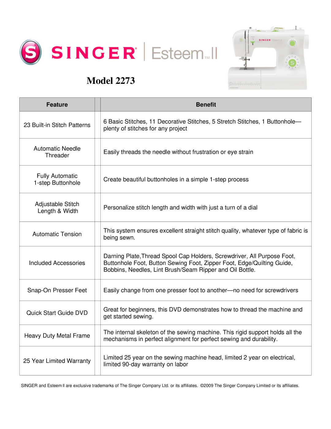 Singer 2273 quick start Model, Benefit 