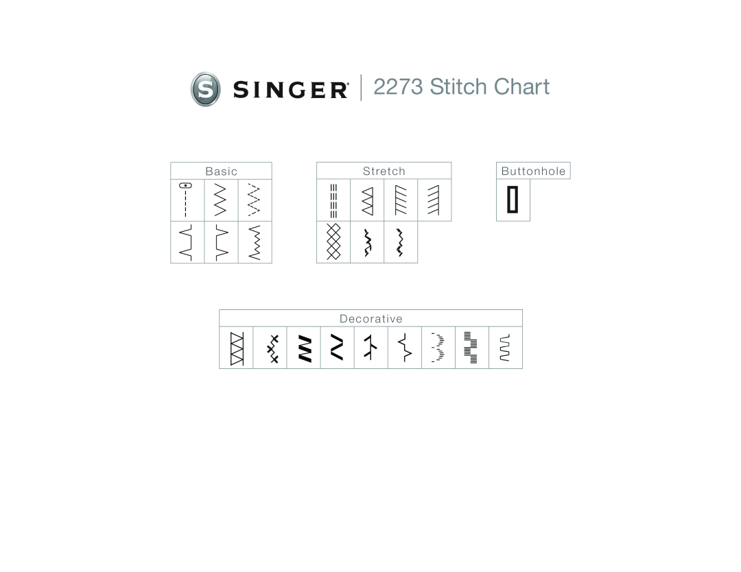 Singer 2273 quick start Stitch Chart, B a s i c, S t re t c hB u t t o n h o l e D e c o r a t i v e 