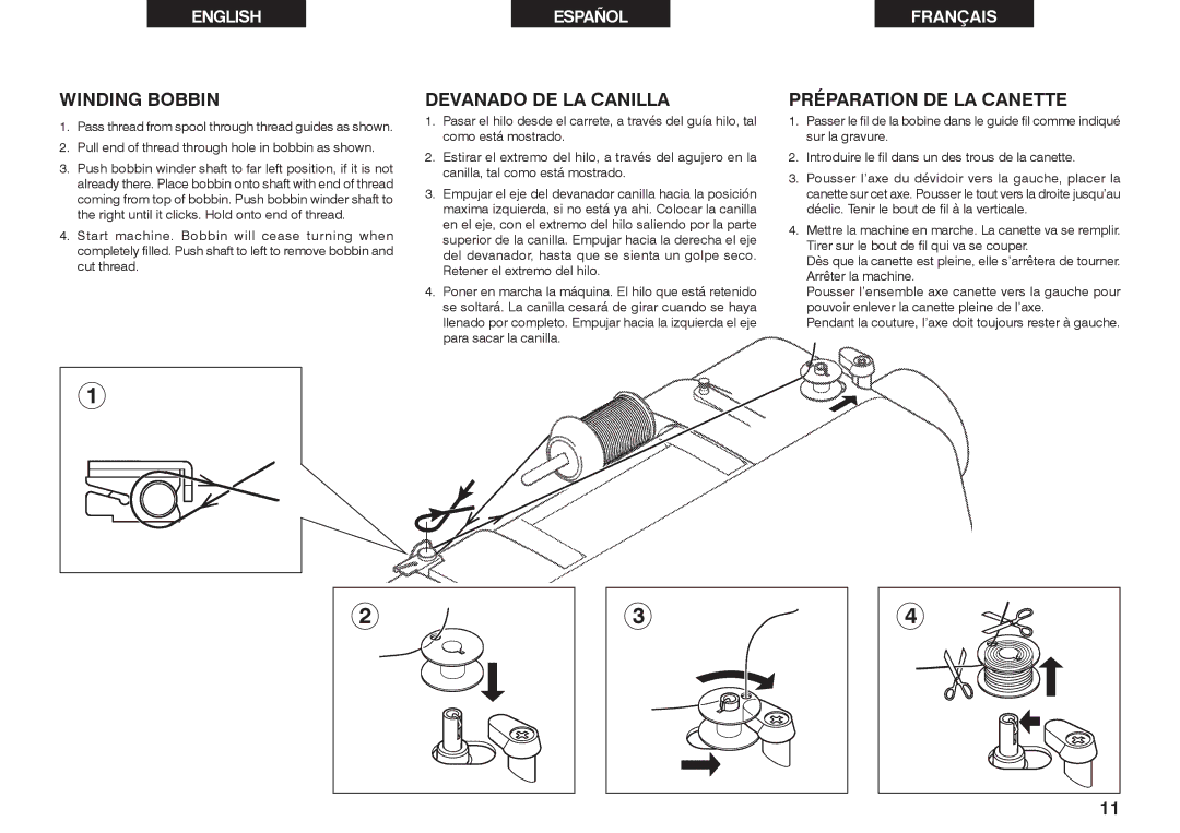 Singer 2639 instruction manual Winding Bobbin, Devanado DE LA Canilla, Préparation DE LA Canette 