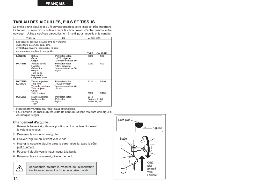 Singer 2639 instruction manual Tablau DES AIGUILLES, Fiils ET Tissus, Tissus FIL Aiguilles 