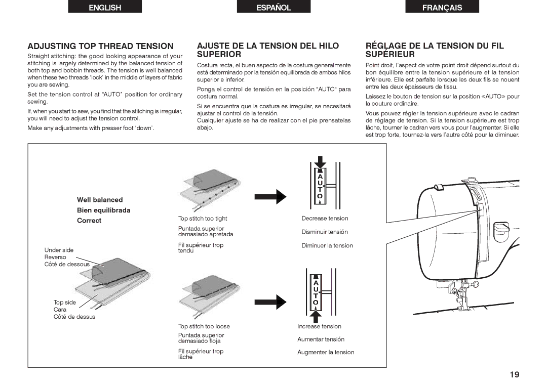 Singer 2639 Adjusting TOP Thread Tension, Ajuste DE LA Tension DEL Hilo Superior, Réglage DE LA Tension DU FIL Supérieur 